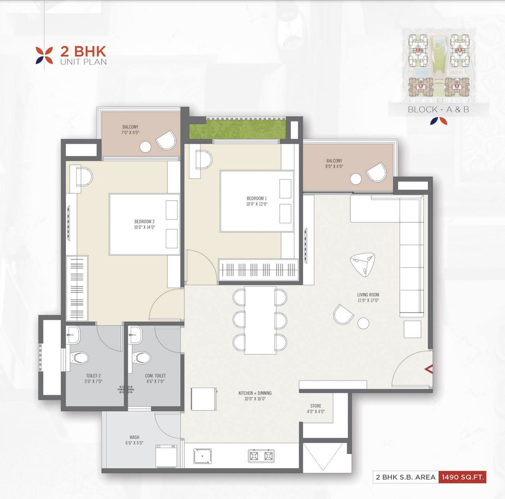 2 BHK Unit Plan — Block A & B (1490 sq.ft.)