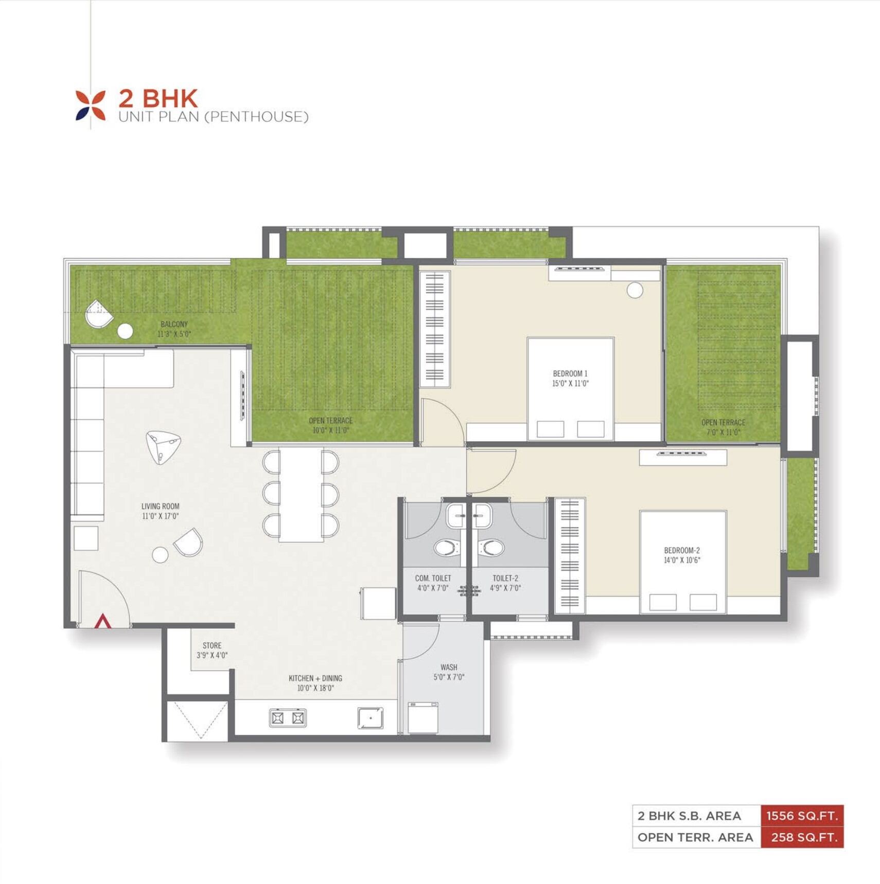 2 BHK Penthouse Plan (1556 sq.ft.)